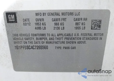 2012 Chevrolet Cruze 1Lt z USA, uszkodzony, nr VIN 1G1PF5SC4C7265560